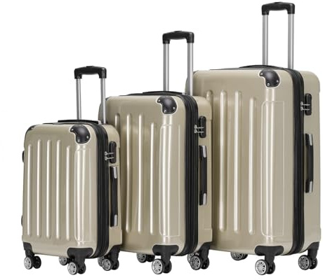 BEIBYE Hartschalen Koffer Trolley Rollkoffer Reisekoffer 4 Zwillingsrollen Polycabonat (Champagner, Kofferset)