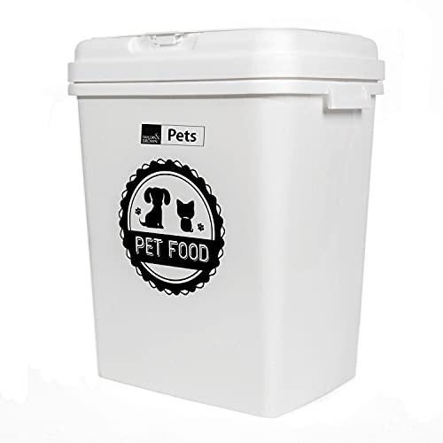 40L/15KG Airtight Pet Food Container - Animal Dry Food Dispenser Bin | Lid With Rubber Seal | Flip Top Locking System With Integrated Scoop | Perfect For Storing Dried Pet Food & Bird Seed - White