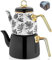 Set di teiera turca vintage per piano cottura, infusore decorativo per feste, bicchieri, fiori, bollitore samovar, foglie sfuse, stile cucina smaltata, decorazione smaltata (bianco-nero)