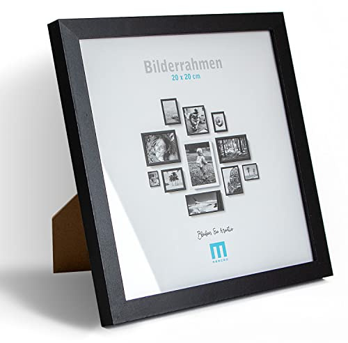 Zeitlos, moderner Bilderrahmen aus MDF, schwarz für 20x20 cm kleine Fotos und Bilder. Inkl. Acrylglasschutz. Er eignet sich als Tisch-Aufsteller und für die Wand, im Hochformat oder Querformat.
