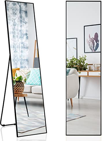 RELAX4LIFE Ganzkörperspiegel 160 x 40 cm, 2-in-1 Standspiegel & Wandspiegel, Ankleidespiegel groß mit Aluminiumrahmen & Hartglas, moderner Spiegel für Wohnzimmer, Schlafzimmer, Garderobe, Schwarz