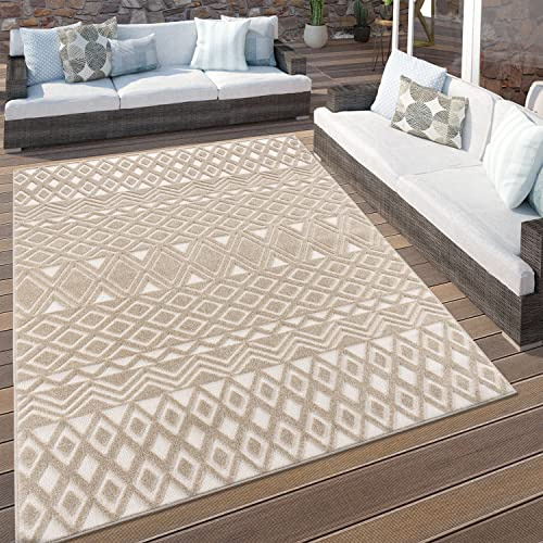 Paco Home Outdoor Teppich Wetterfest Wohnzimmer Küchenteppich Boho Style Skandinavisch Moderne 3D Optik Geometrisch Beige Creme, Grösse:80x250 cm