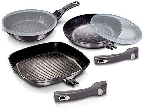 Berlinger Haus Carbon Pro Juego 2 Sartenes y Grill Inducción 20-24-28 cm Aluminio Forjado, Antiadherente Ecológico sin PFOA, Tapas Herméticas, Mangos Desmontables, Diseño, Vitrocerámica, Gas