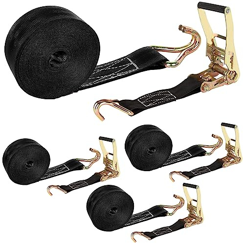 Lot de 4 Sangles à cliquet de 5,1 cm – Sangles d'arrimage Robustes à cliquet de 6,1 m avec Double Crochet en J – Résistance à la Rupture de 3 628,7 kg – Sangles à cliquet pour Camion, remorque, Moto,