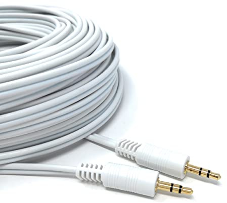 DRUT 20m 3.5mm to 3.5mm Stereo Audio AUX Cable, 65ft White | Gold Connectors, Small 3 pin Jack to Jack Speaker Lead