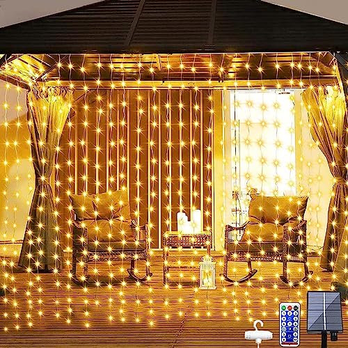 Dekofun Solar Curtain Lights 3m x 3m 300 LED Curtain Fairy Lights with Remote, 8 Modes Waterproof Outdoor Garden Solar Waterfall Fairy Light for Pergola Gazebo Wedding Party Decorations - Warm White