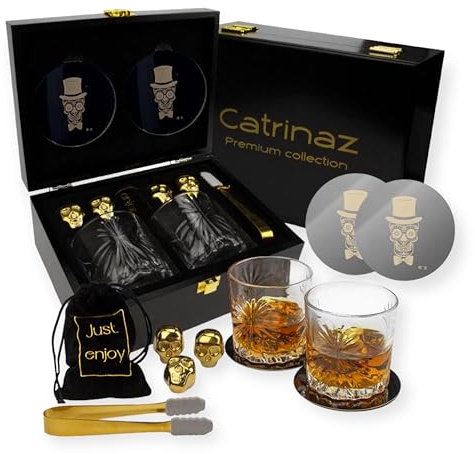 Catrinaz® - Juego de whisky de lujo - Set de vasos de whisky premium - Incluye 2 vasos clásicos de 300 ml - 4 piedras de whisky de acero inoxidable dorado - 2 fundas - Barra de hielo - Caja de regalo