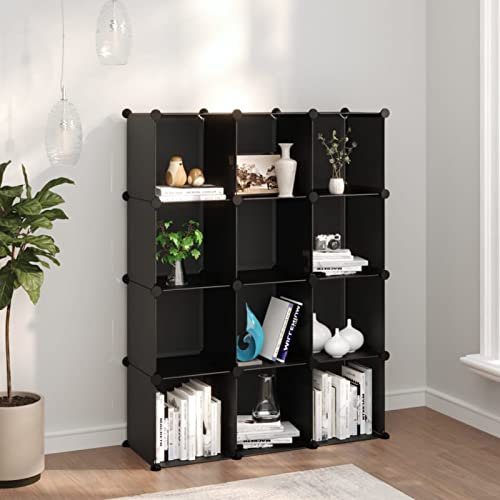 ZEYUAN Regalsystem mit 12 Würfeln Schwarz PP, Vitrine, Raumteiler Regal, Steckregal, Regalsystem, Stufenregal, Bücherregal, Schrank Regal