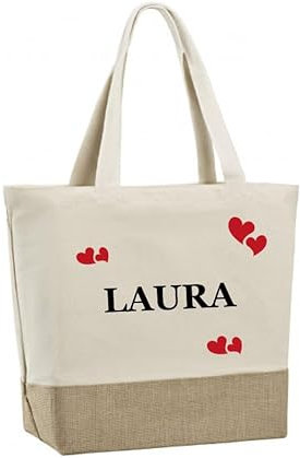 Générique Grand Sac cabas personnalisé prénom, personnalisable en coton et toile de jute écologique avec fermeture zip personnalisé 49x35x17cm, cadeau, noël, femme, sac de plage, atelier français