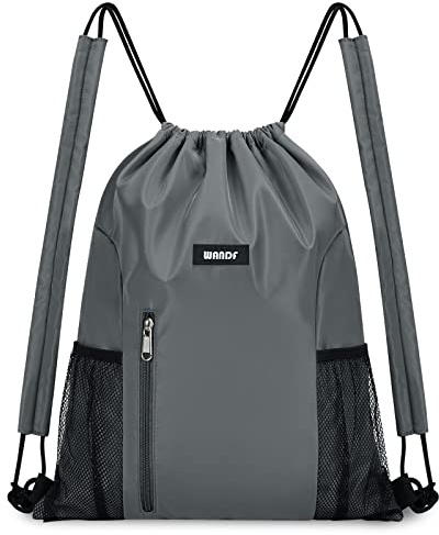 WANDF Kordelzug-Rucksack mit Schulterpolster, Sport-Gym-Rucksack mit Netztasche, Kordelzug-Rucksack für Damen und Herren (Grau)