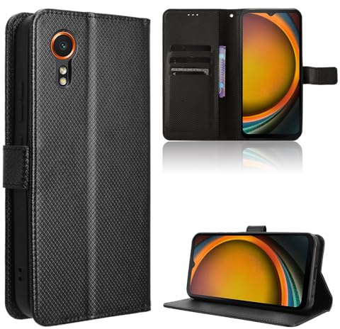 Rojeuinn Hülle für Samsung Galaxy Xcover 7 Handyhülle-Hülle Stoßfest Case Cover-Handy Case in Premium Kohlefaser [Klappbar Flip] [Standfunktion Tasche] -Schwarz