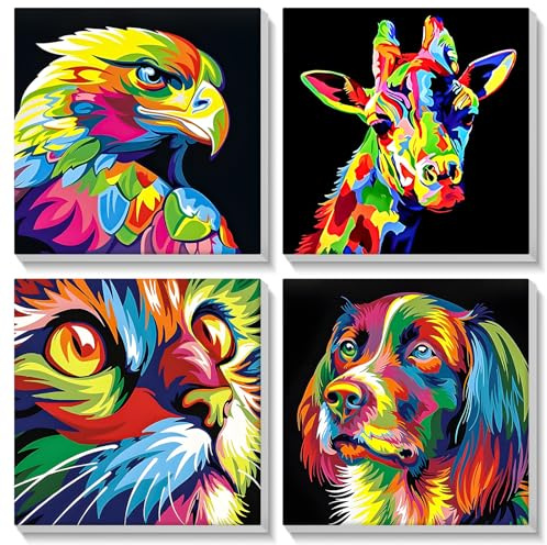 SENQAO 4 Pack Pintar por Números Animales Coloridos con Marco, DIY Cuadros para Pintar, Lienzos para Adultos y Niños, Pintura Acrílica Manualidades, 20x20cm