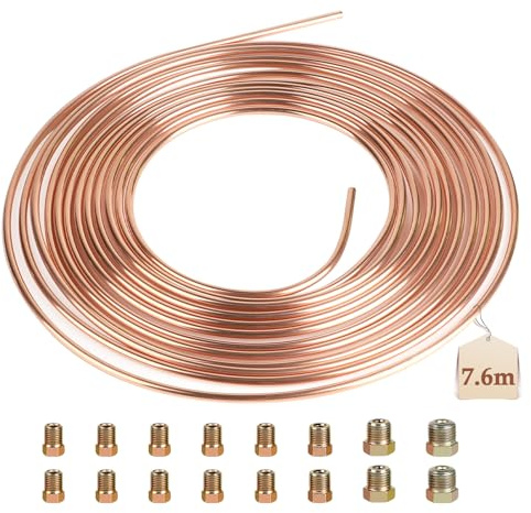 LALAGO Tubo de Freno de Cobre, 7,6m Ø3/16 (4,75mm), con 16 Tuercas, Tubo de Freno de Acero Recubierto de Cobre, Manguera de Freno Recubierta de Cobre, Tubería de Línea de Freno General para Coche