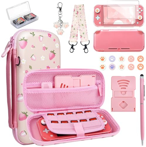 Carrying Case Compatible with Nintendo Switch Lite, Waterproof Portable Travel Bag, 19 in 1 Accessories Bundle with Screen Protector, Thumb Grips, Stand, Clear Protective Cover for Switch Lite, Pink