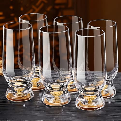 JINQFENG Juego de 6 Vasos de Cerveza con Soporte para Vasos de Bambú, Jarra de Cerveza con Base de Lámina Dorada de 335 Ml, Adecuada para Cervezas y Cervezas Aromáticas Clásicas, Jugos y Sidra