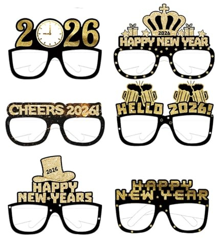 6 Stück Silvester Deko 2026 Partybrillen,Schwarz Gold Silvester Brille Happy New Year Brillen 2026 Glitzer Silvesterdeko Papierbrillen Foto Requisiten for Kinder Erwachsene Silvester-Party Zubehör