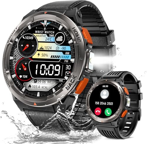 KE5 Military Smart Watch for Men with Flashlight SOS 3ATM Waterproof Watch 530mAh Big Battery 1.45 Rugged Tactical Smartwatch with Compass Elevation Barometer Fitness Watch for iPhone (Leather)