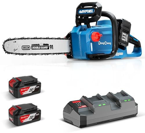 DongCheng, motosega a batteria da 40 V, 16 pollici, con 2 batterie da 4,0 Ah e caricatore rapido, motore brushless, tendicatena senza attrezzi, motosega per legno e giardinaggio