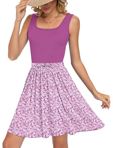 WNEEDU Abiti Estivi Senza Maniche Donna Floreale Abito Swing in Linea A Vacanza Mini-Abito Colore Patchwork con Scollo a U e Tasche
