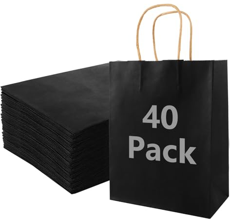 MIVIDE 40 Stück Papiertüten mit Henkel Schwarz, 21 x 11 x 27 cm Schwarz Kraftpapiertüten mit Henkel, Geschenktüten Set Geschenktaschen zum Verpacken Einkaufen Geburtstag Partys Hochzeit Weihna