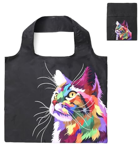 Lin's Liliana stor shoppingväska, vikbar 50 x 40 cm, handväska med djurtryck, återanvändbar slitstark shoppingväska, praktisk lätt väska för shopping, resor, utflykt, Svart katt, 40 x 50 cm