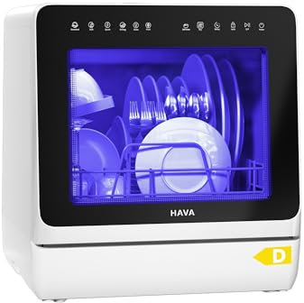 HAVA Lave-vaisselle de comptoir 2025 - Amélioré avec adoucisseur d'eau, efficacité énergétique optimale, 8 programmes de lavage, verrouillage enfant et fonction de démarrage différé