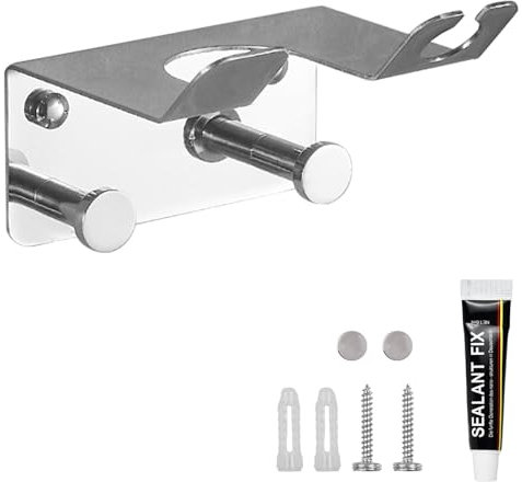 KLYKLL Soporte para Secador de Pelo, Soporte para Secador de Pelo sin Taladrar con Dos Ganchos, Multifuncional, Soporte Secador de Pelo Acero Inoxidable con Pegamento, Tornillos(Plata)