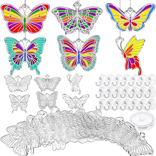 Tioncy 60 Sets Butterfly Suncatchers Kits DIY Window Suncatcher Paint Ornaments Decorations Butterfly Art Suncatchers Crafts Kit for Spring Activities Easter Art Project Party Favors