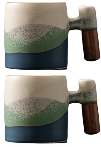 Dicmracy Tazas de café expreso de cerámica de 2 onzas con mango de madera, juego de 2/4 piezas para café, té, café con leche, apto para lavavajillas, multicolor y estilos de madera, regalo y uso de