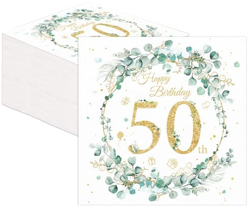 80 Stück Servietten 50 Geburtstag Mann, Servietten Salbeigrü | Deko 50. Geburtstag Mann Goldene Hochzeit Jubiläum Tischdeko Schwarz Gold Tisch-Deko Party Gedeckter Tisch