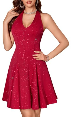 HomRain Glitter Sequin Sparkle Dress for Women Elegant Homecoming Mini Sexy Club Halter Neck Black Cocktail Dresses for Fall Black L