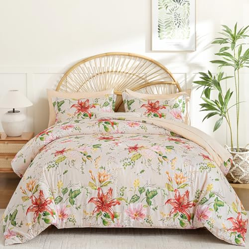 Drucon King Size Comforter Set - 7 Pieces Floral Beige Soft Bedding Sets, King Bed in a Bag with Botanical Flowers Comforter, Sheets, Pillowcases & Shams