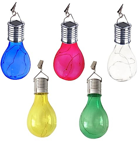Operitacx 5 Pièces Lampes Solaire Extérieur LED Étanches à Suspendre Ampoules Solaires Décoratives pour Jardin Sans Câble Chargement Automatique Éclairage Rouge Jaune Bleu Vert Blanc Chaud