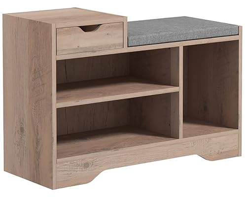 HOMCOM Banc à Chaussures, Banc de Rangement, 1 tiroir et 3 Compartiments, Meuble d'entrée avec Coussin rembourrée, pour Couloir, entrée, Chambre, 76,5 x 30 x 52 cm, Gris Effet Bois