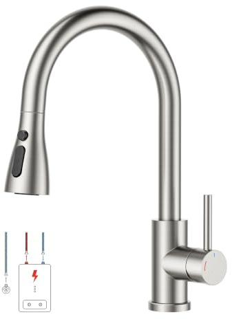 FORIOUS Robinet Cuisine Douchette Extractible, Rotation À 360°, Robinetterie à basse pression, Mitigeur de Cuisine adapté à un Chauffe-eau Ouvert et Appareils Sous Évier, Acier Inoxydable