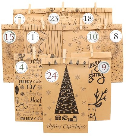 24Pcs Gift Bags Christmas with Stickers, Xmas Advent Calendar DIY Kraft with 24 Bags, Wooden Clips, Number Stickers, Fillable Empty Advent Calendar for Crafting Gifts, Xmas Party Bag, 23.5x12cm