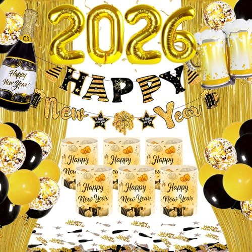 YEJIKJ Silvester Deko 2026 Partyzubehör Set, 2026 Silvester Deko Dekoration Set, Happy New Year 2026 Neujahrsdeko mit Fotorequisiten Konfetti Ballons