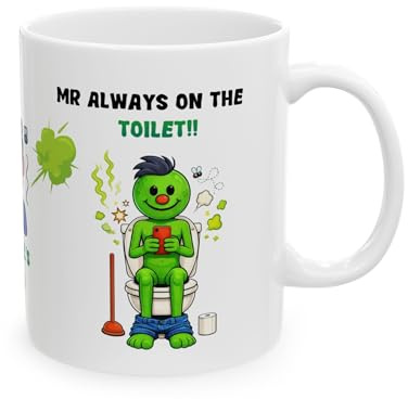 Personalised Mr Always On The Toilet Design, White, 11oz, Perfect for Birthday Christmas, Gift, Green Character Humor, Mug, Cup, Funny, 11oz Ceramic