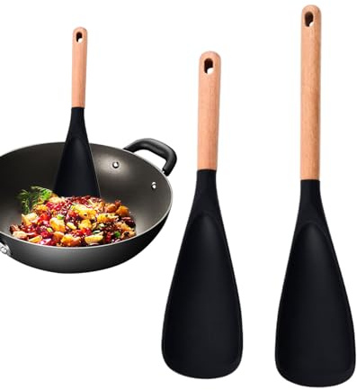 Djowyh Lot de 2 spatules en silicone résistantes à la chaleur - Avec manche en bois - Louche de cuisine - Pour la maison, l'appartement, le barbecue, la cuisine, les crêpes, les rôtis, la cuisson
