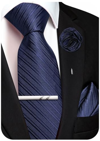 Ailisus Krawatte Herren Set Streifen Seiden Krawatte mit Einstecktuch Ansteckblume Krawattenklammer für Hochzeit Party 4PCS