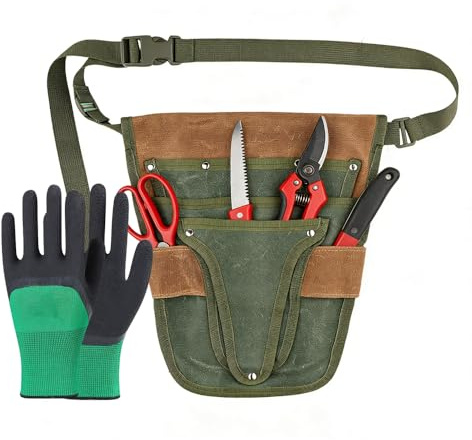 JOAASU Handy Garden Tool Belt, Gardening Belt with A Pair of Gloves, Waxed Canvas Gardening Tool Belt with Multiple Pocket, Canvas Pouch Adjustable Design for Women Men Gardeners Carpenters