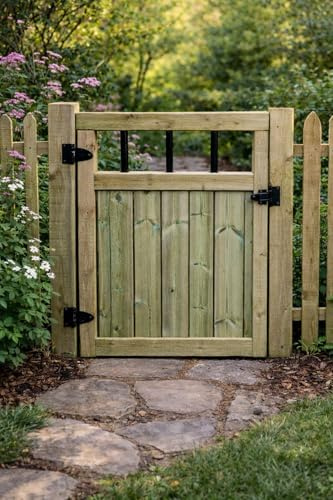 Wooden Garden Gate with Flat Top – Pressure Treated Outdoor Fence Gate with PVC Spindles (120cm High x 90cm Wide x 5cm Deep)