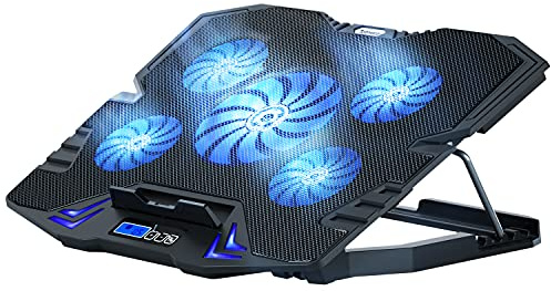 TopMate C5 Laptop Kühlpad Gaming Notebook Kühler, Laptop Lüfter Kühlständer Verstellbare Höhe mit 5 Leise Lüfter Blau LED Licht, Computer Chill Mat mit LCD Controller, für 10-15,6 Zoll Laptops