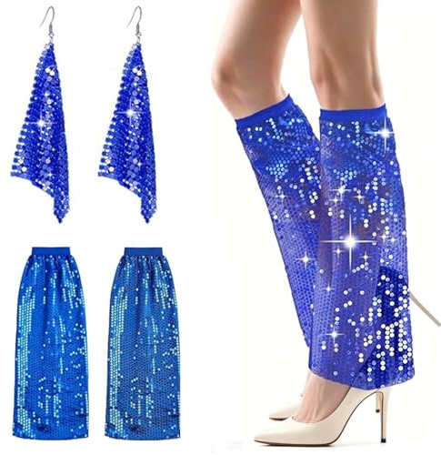 QhgPnt ABBA Outfit, 70s Disco Fancy Dress Costume Set for Women, Retro Party Costume with Blue Leg Warmers and Earrings for Women Abba Carnival, Theme Party