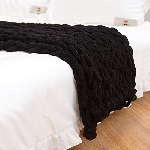 Martin Kench Gestrickte Decke Grob Kuscheldecke Grobstrick Wolldecke Strickdecke Tagesdecke Überwurf Decke Zuhause Dekor Geschenk fürs Sofa (Schwarz,100 * 120cm)
