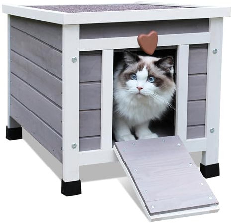 HiCaptain Katzenhaus Outdoor Kaninchenstall Wetterfest Holz Kleintierhaus Katzenhaus Outdoor Winterfest-42 x 51 x 43 cm (Grau)