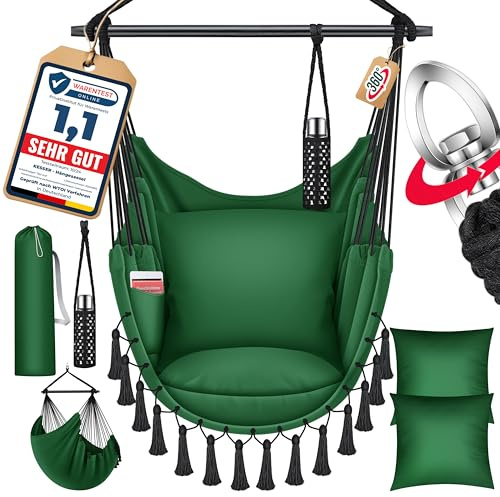 KESSER® Silla Colgante con 2 Cojines, portabebidas y Compartimento para Libros, Silla Colgante Safari XXL para Adultos y niños, Hamaca de hasta 150 kg, para Interior y Exterior, Verde