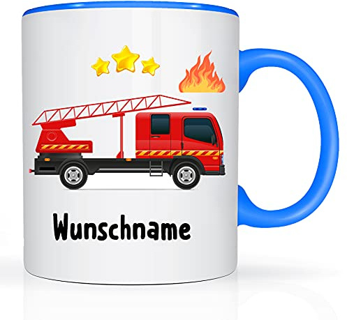 Print-Klex Tasse mit Namen und Feuerwehr Motiv Bedruckt Namenstasse Namensbecher Feuerwehrtasse für Jungen Kindertasse Keramiktasse Weiß/Blau Geschenktasse Spruchtasse mit Druck Kinder Tasse 330ml