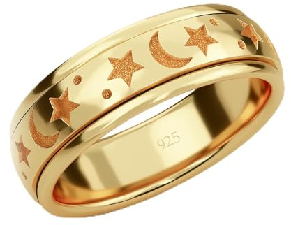 SHOP LC 925 Silber Spinner Ring für Damen und Herren, Anti-Stress Fidget Ring mit Mond & Stern Design, Meditationsschmuck, Drehband gegen Angst & Nägelkauen