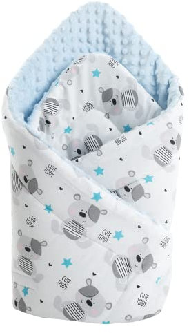 Medi Partners Einschlagdecke Steckkissen Minky 100% Baumwolle 75x75 cm Schlafsack doppelseitiges weich ganzjährig multifunktional antiallergisch Babys (Teddybär mit hellbaluen Minky)